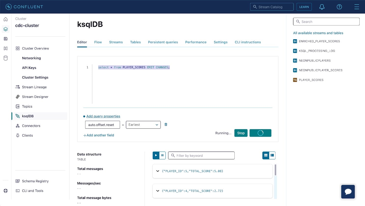 Querying the ksqlDB and viewing results in Confluent Cloud.